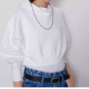 ZARA Ivory White Knit Cropped Hoodie Sweater Size S